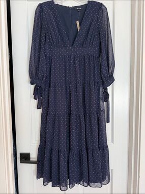 Madewell Navy Midi Dress with Pink Dot Print NWT